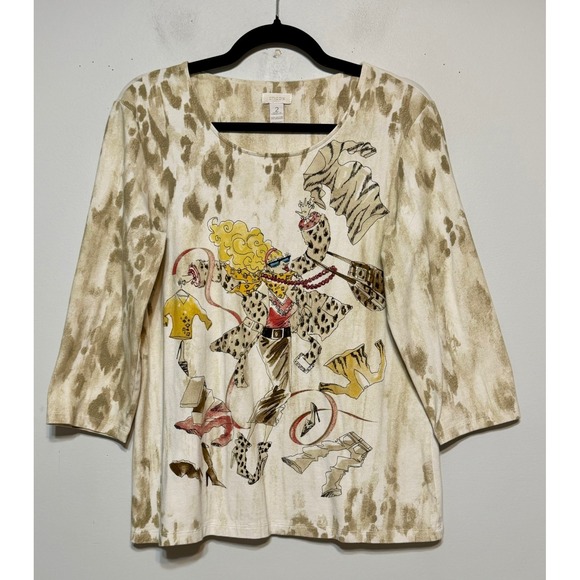 Chicos Size 2 Novelty Y2K Eclectic Top Womens Large Wearable Art Gallery Girl - Picture 6 of 6